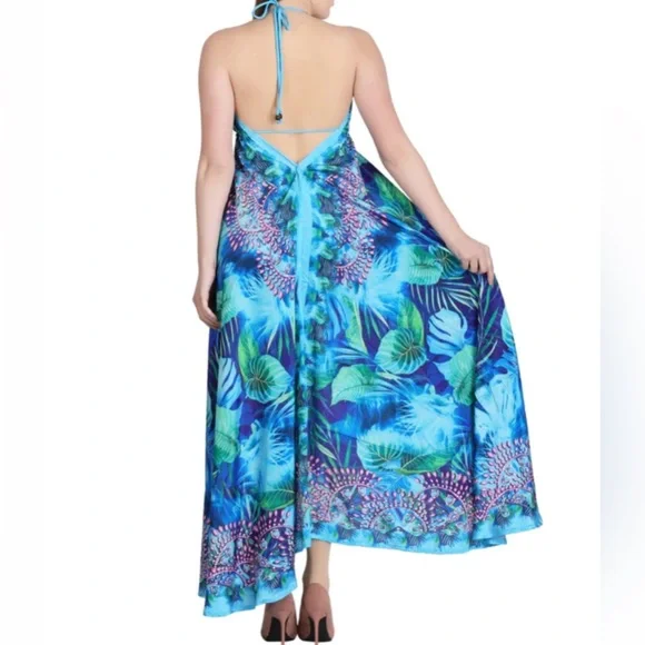 New Women Silk Tropical Blue Sea Life Beaded Halter India Handmade Dress NWT